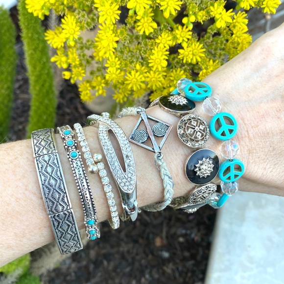 Vintage Jewelry - Bracelet bundle 6 pc collection silver cuff bangle vintage retro set lot boho